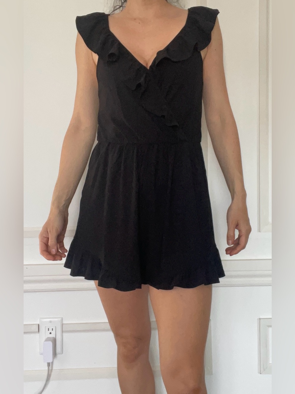 Black Ruffle V-Neck Women's Dress